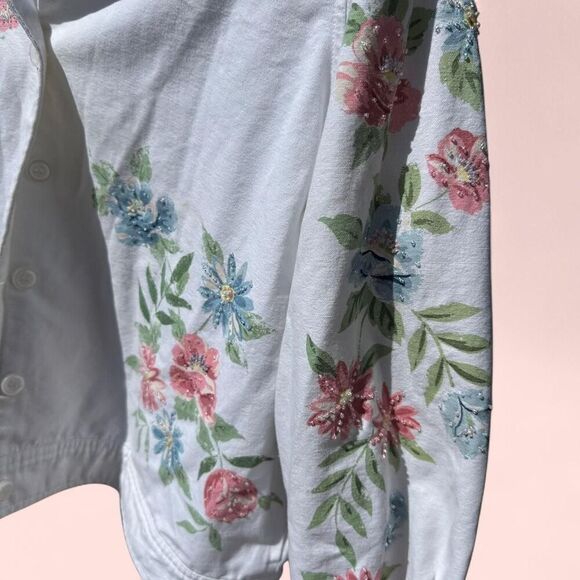 Vintage Alfred Dunner Floral Embroidered Jacket - Size M - White Denim Button Up - Picture 2 of 7